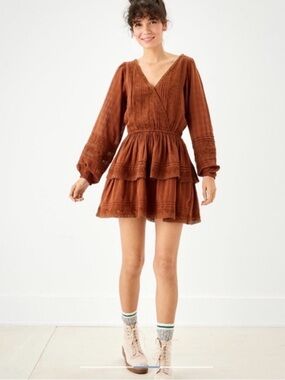 This NWT American Eagle Brown Embroidered Tiered Mini Dress